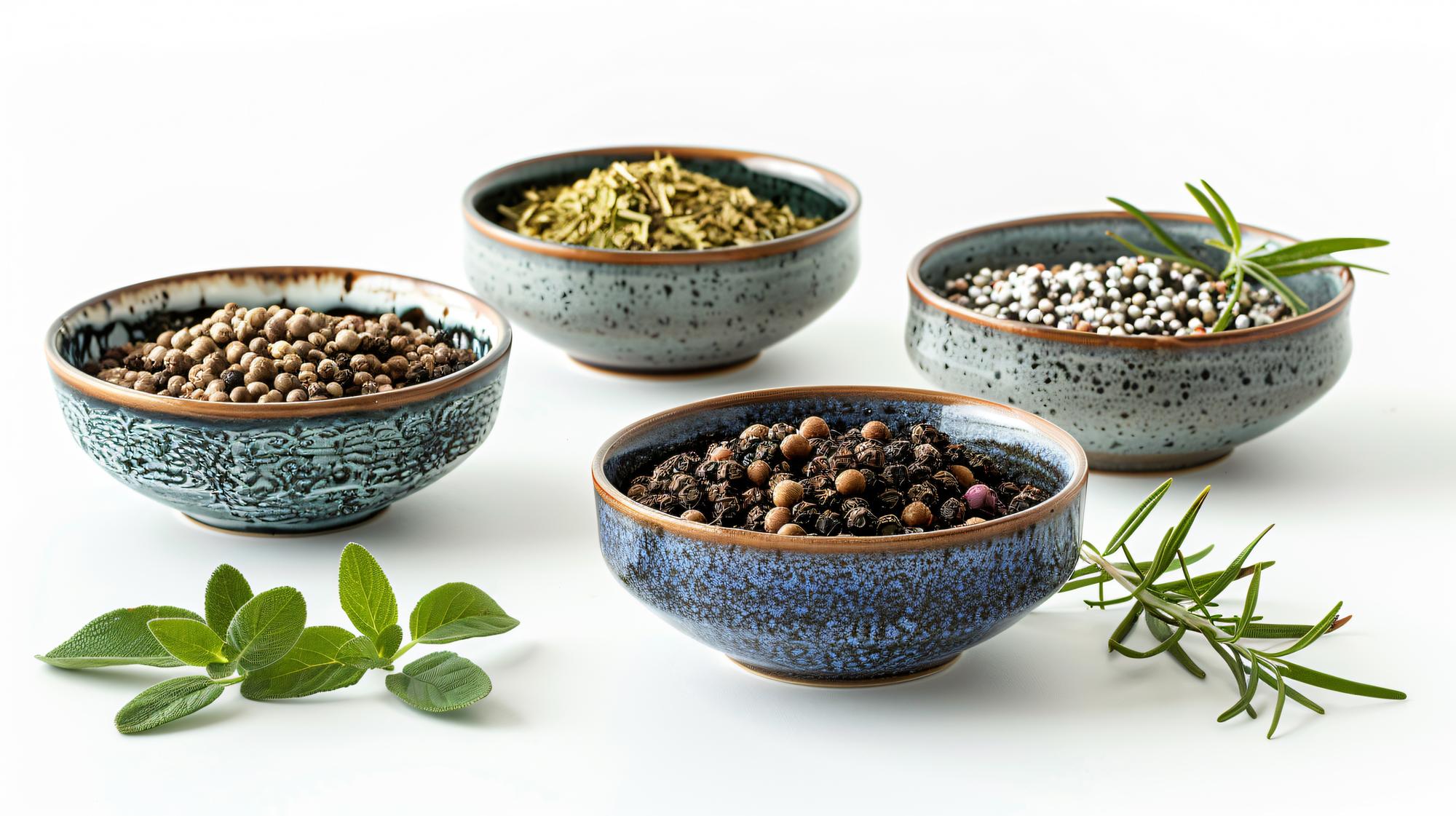 Close-up of herbs and spices in ceramic bowls